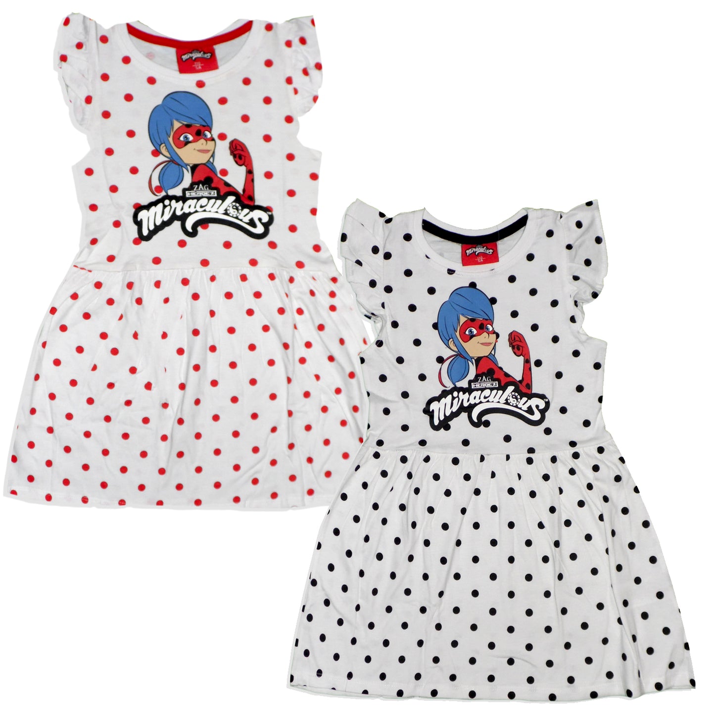 Miraculous Ladybug Graphic Summer Dress for Girls, Polka Dots, Colourful Print