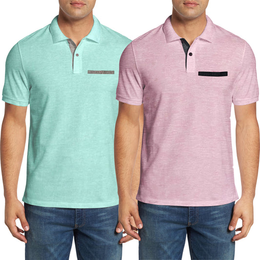 Zigster Men's Short Sleeve Polo shirt Light Cotton blend woven material Pink and Green