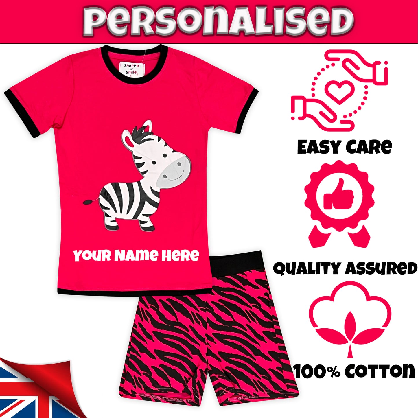 Personalised Zebra Stripes Pink Cotton Pyjamas for Girls