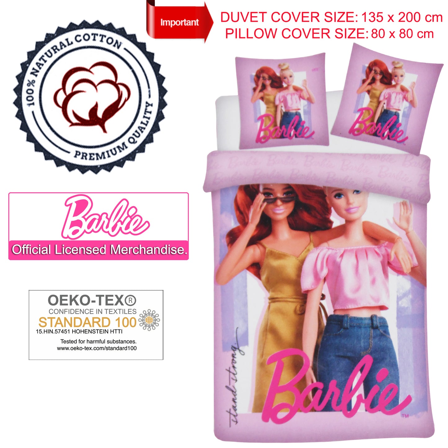 Barbie Duvet Cover Pillowcase Set, Cotton Duvet Cover 135x200 Pillow Cover 80x80 cm