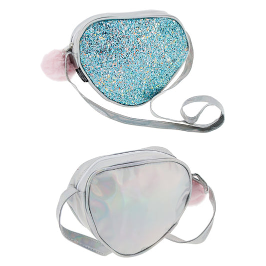 Girls Kids Glitter Blue and Silver Heart Shoulder Bag purse 19x16x4 CM