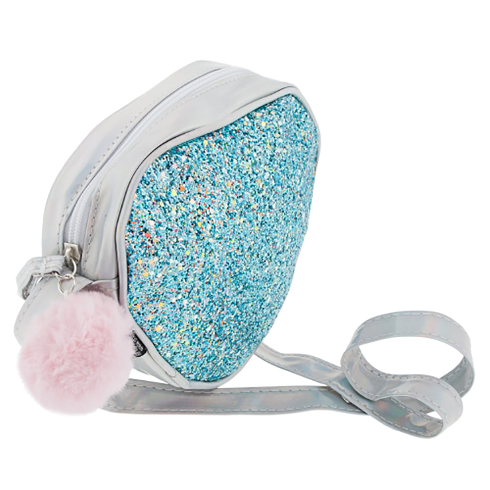 Girls Kids Glitter Blue and Silver Heart Shoulder Bag purse 19x16x4 CM